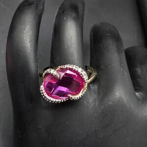Lab Created Pink Sapphire Ring Sterling Silver Diamond Chip Size 9